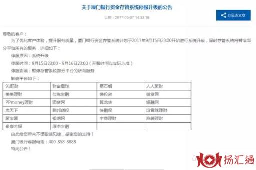 厦门银行存管系统停服 微贷网团贷网等平台受影响